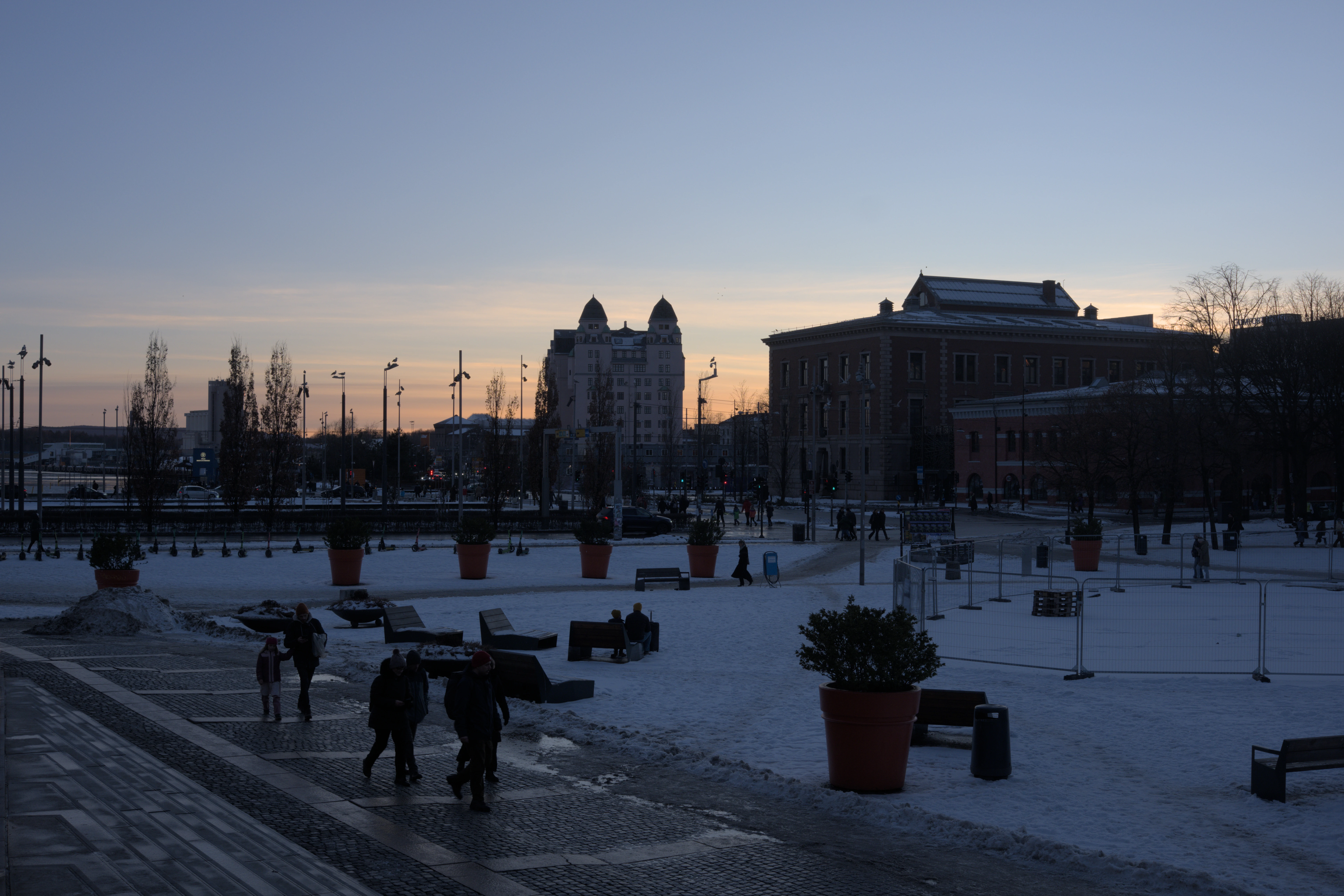 Blick aus Deichmann Bibliothek mit Sonnenuntergang